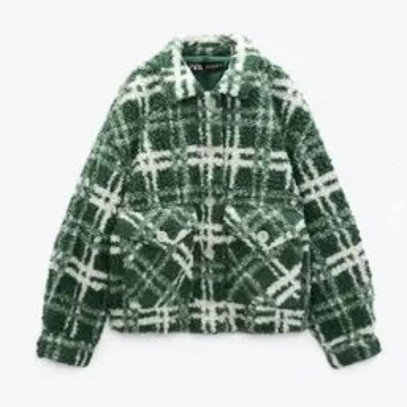 Zara Combination Plaid Fleece Button Front Jacket in Green/White | Small - Picture 6 of 10
